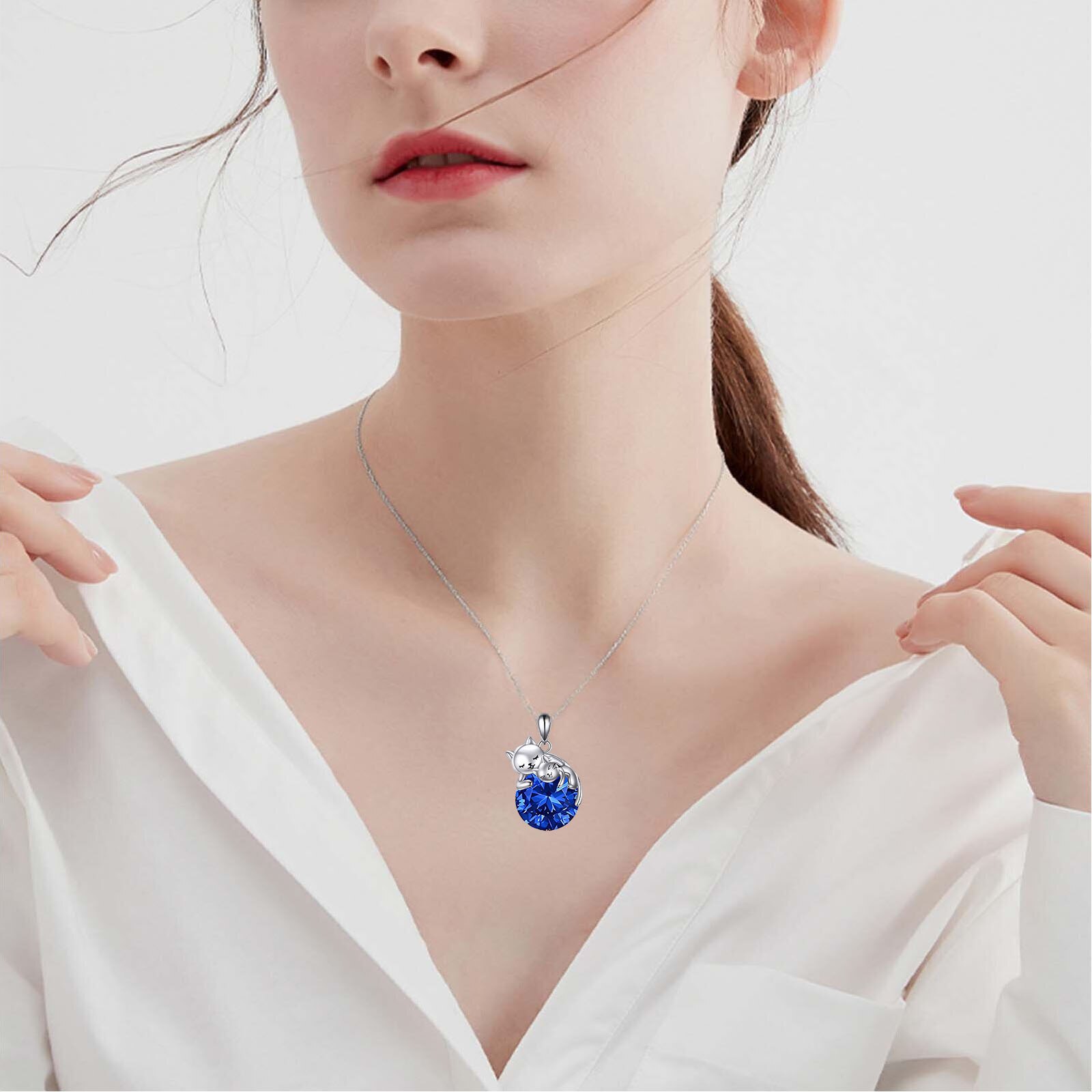 Adjustable September Birthstone Cat Necklace, 925 Sterling Silver